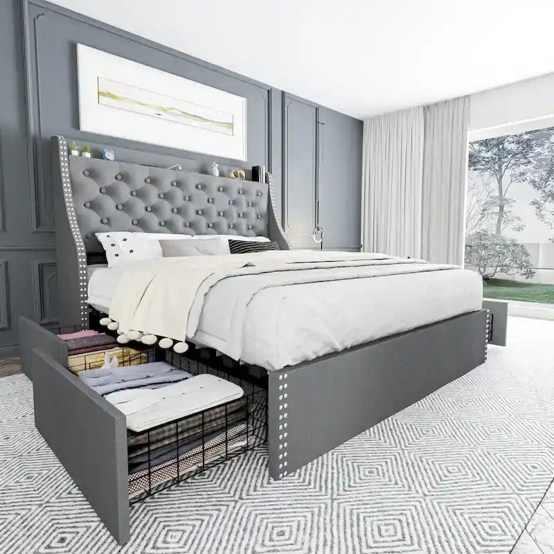 Bed Frame with 4 Storage Drawers and Headboard