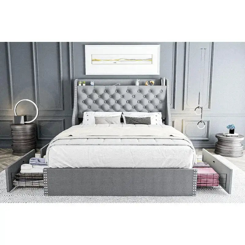 Bed Frame with 4 Storage Drawers and Headboard