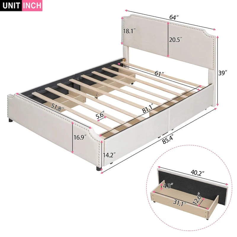 Upholstered Platform Bed with Stud Trim Headboard and Footboard and 4 Drawers