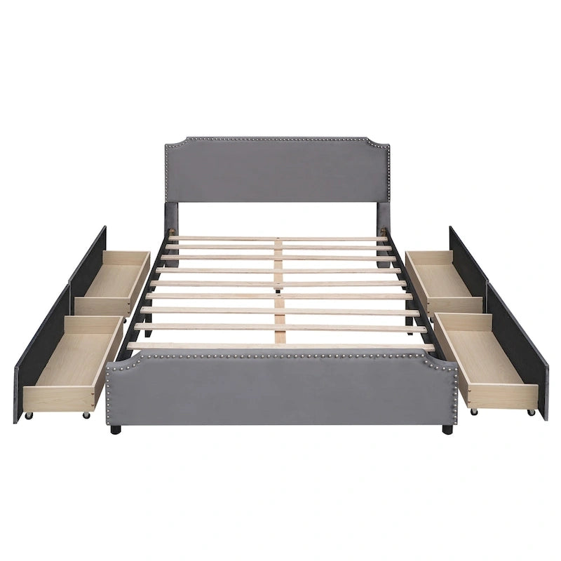 Upholstered Platform Bed with Stud Trim Headboard and Footboard and 4 Drawers