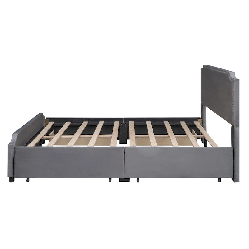 Upholstered Platform Bed with Stud Trim Headboard and Footboard and 4 Drawers