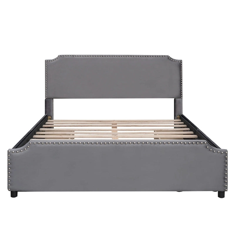 Upholstered Platform Bed with Stud Trim Headboard and Footboard and 4 Drawers