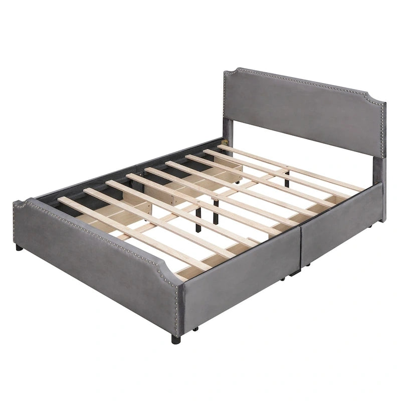 Upholstered Platform Bed with Stud Trim Headboard and Footboard and 4 Drawers