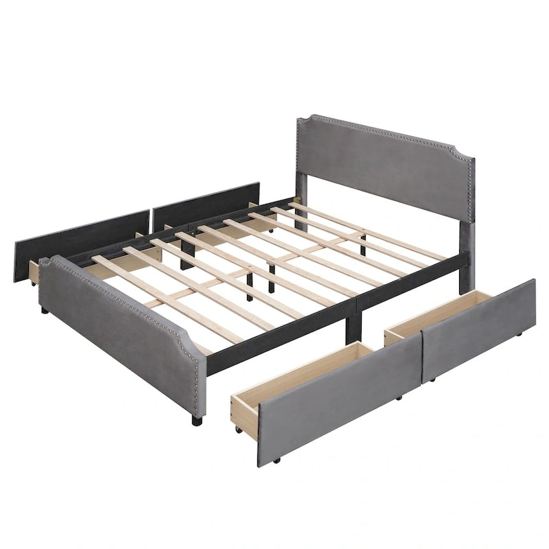 Upholstered Platform Bed with Stud Trim Headboard and Footboard and 4 Drawers
