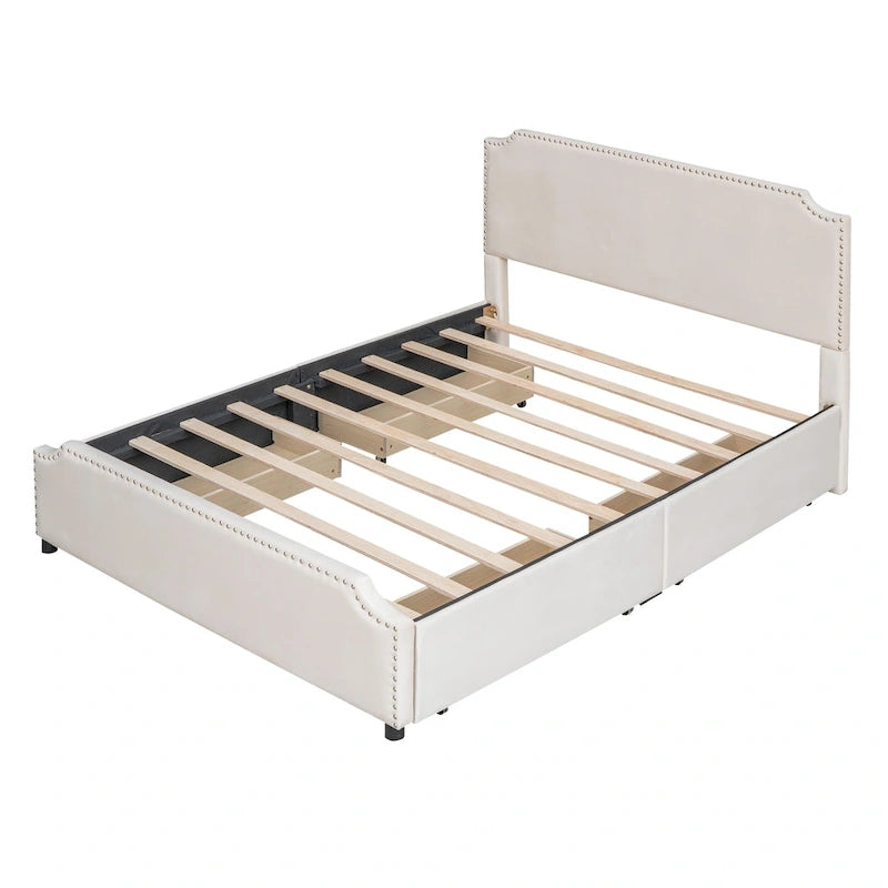 Upholstered Platform Bed with Stud Trim Headboard and Footboard and 4 Drawers