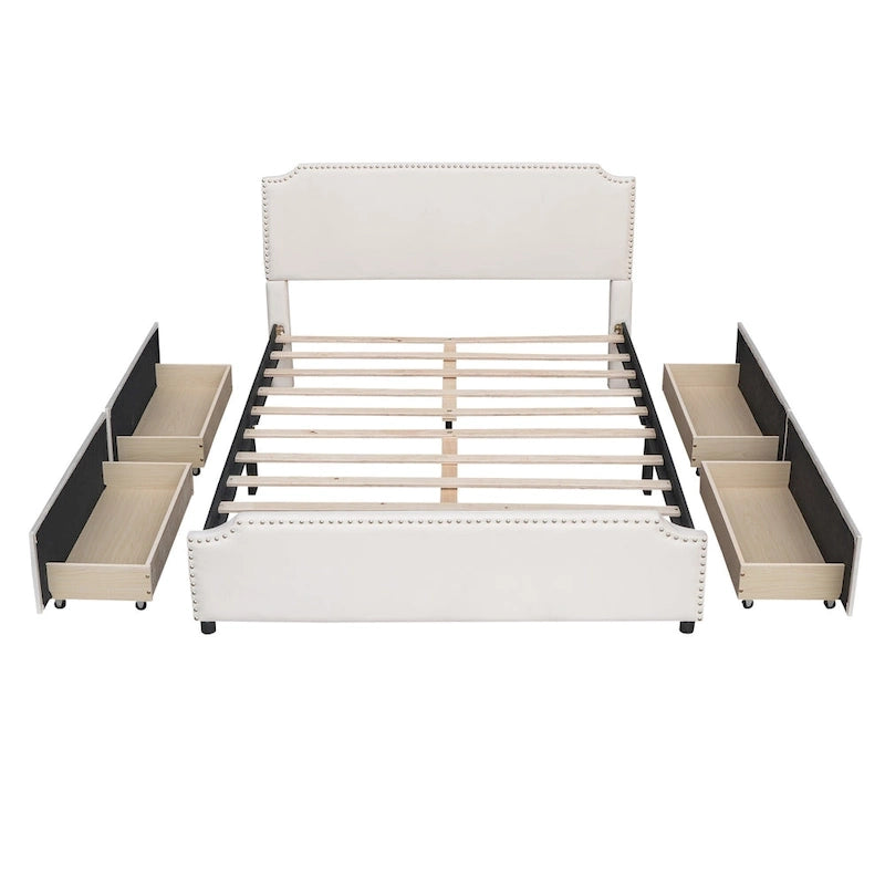 Upholstered Platform Bed with Stud Trim Headboard and Footboard and 4 Drawers