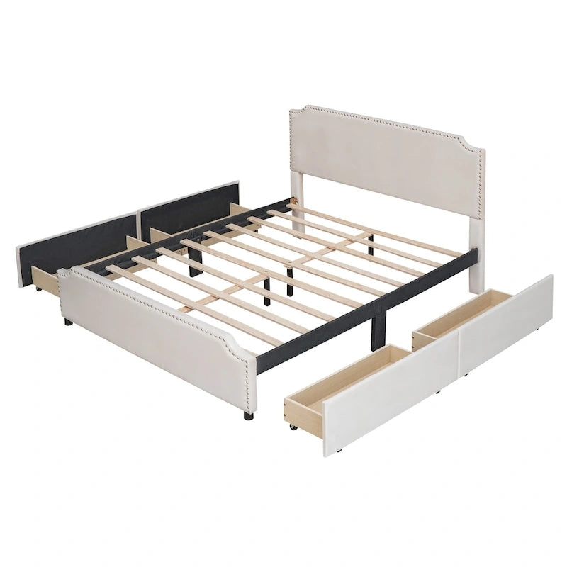 Upholstered Platform Bed with Stud Trim Headboard and Footboard and 4 Drawers