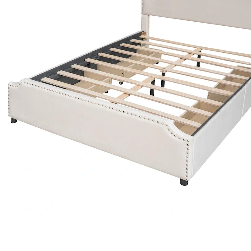 Upholstered Platform Bed with Stud Trim Headboard and Footboard and 4 Drawers