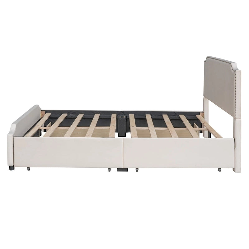 Upholstered Platform Bed with Stud Trim Headboard and Footboard and 4 Drawers