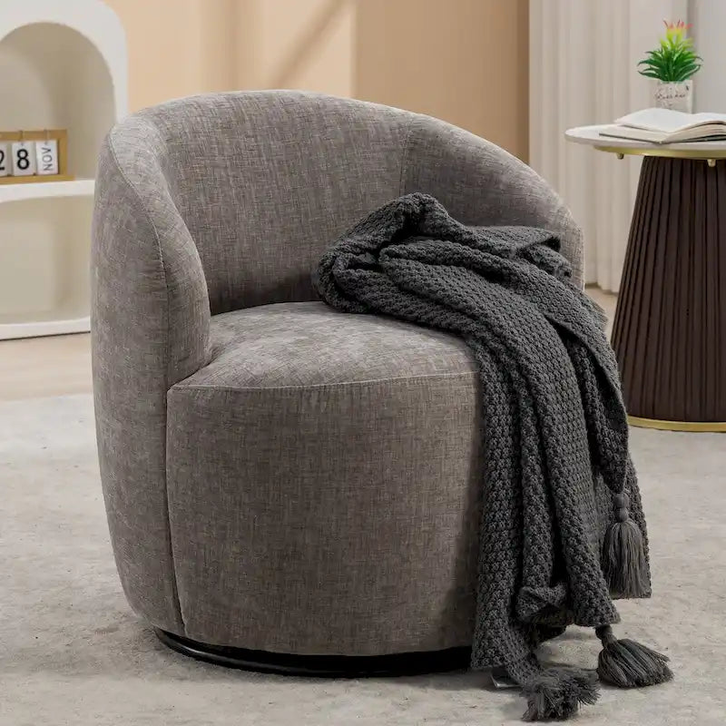 Fabric Swivel Accent Armchair Barrel Chair With Black Powder Coating Metal Ring