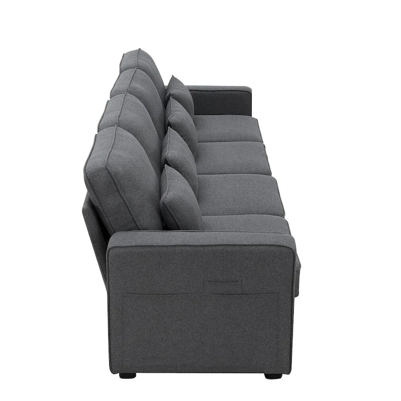 4-Seater Modern Linen Fabric Sofa with Armrest Pockets and 4 Pillows