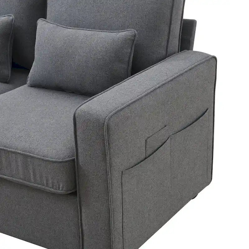 4-Seater Modern Linen Fabric Sofa with Armrest Pockets and 4 Pillows