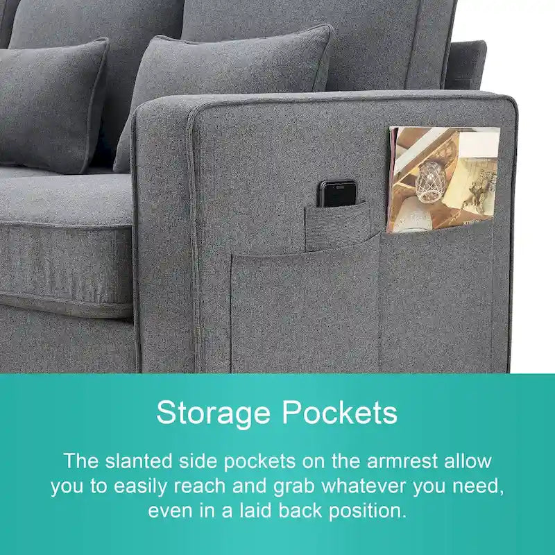 4-Seater Modern Linen Fabric Sofa with Armrest Pockets and 4 Pillows