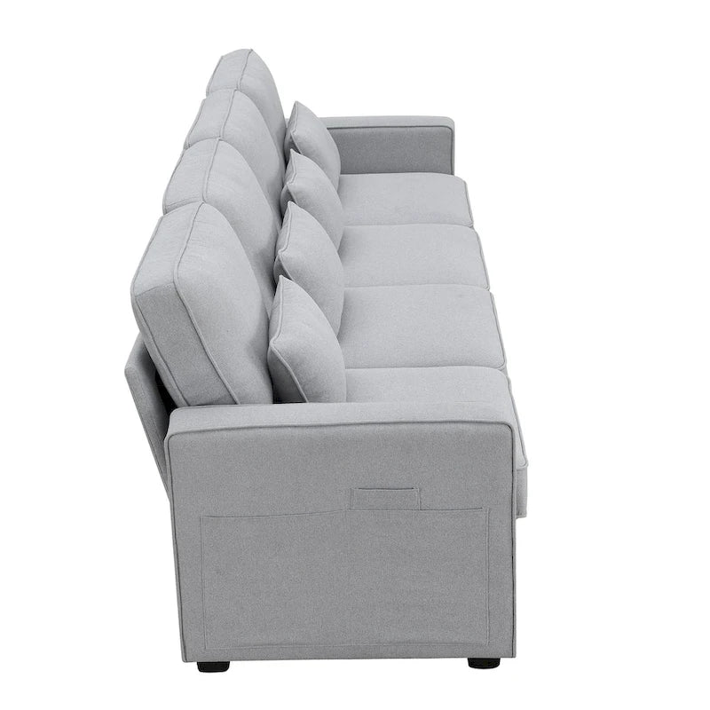 4-Seater Modern Linen Fabric Sofa with Armrest Pockets and 4 Pillows