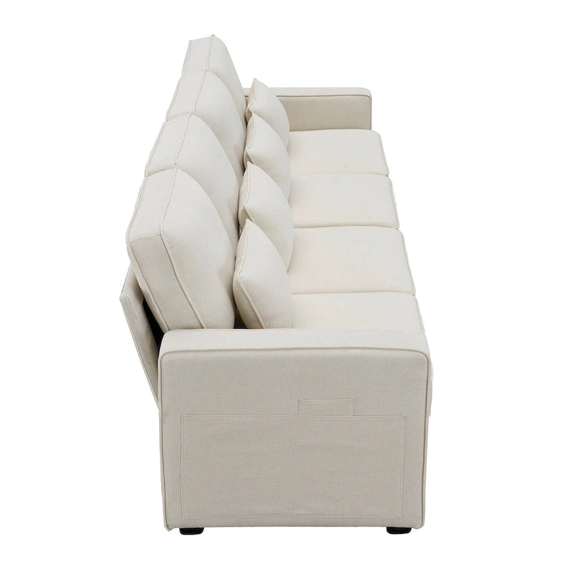 4-Seater Modern Linen Fabric Sofa with Armrest Pockets and 4 Pillows
