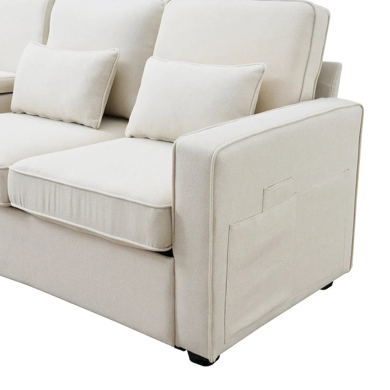 4-Seater Modern Linen Fabric Sofa with Armrest Pockets and 4 Pillows