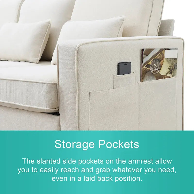 4-Seater Modern Linen Fabric Sofa with Armrest Pockets and 4 Pillows