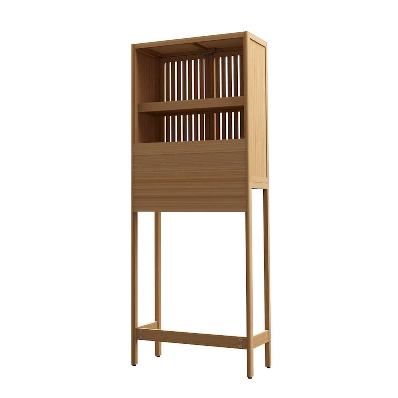 Over the Toilet Storage, 65 Tall Natural Bamboo Bathroom Shelf Organizer with 2 Door