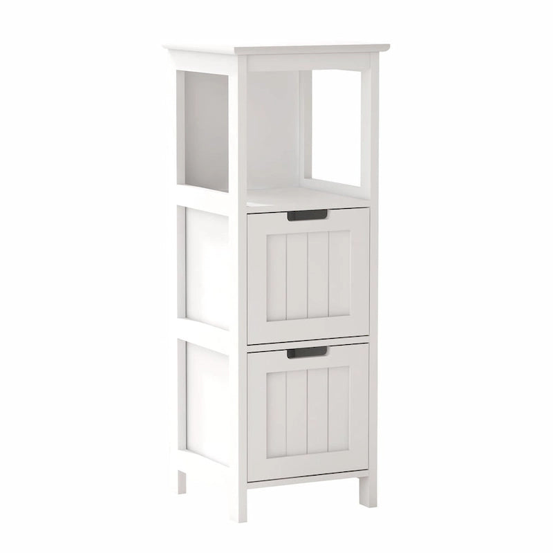 Narrow Floor Cabinet , 2-Drawer Bathroom Cabinet Organizer with Open Storage Shelf for Bath, Kitchen, Bedroom - White