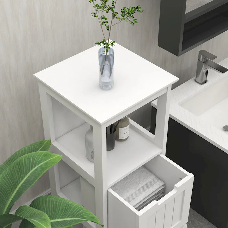 Narrow Floor Cabinet , 2-Drawer Bathroom Cabinet Organizer with Open Storage Shelf for Bath, Kitchen, Bedroom - White