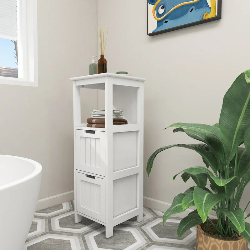 Narrow Floor Cabinet , 2-Drawer Bathroom Cabinet Organizer with Open Storage Shelf for Bath, Kitchen, Bedroom - White