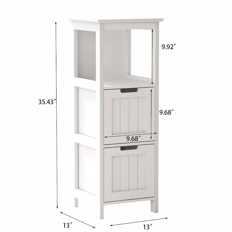 Narrow Floor Cabinet , 2-Drawer Bathroom Cabinet Organizer with Open Storage Shelf for Bath, Kitchen, Bedroom - White