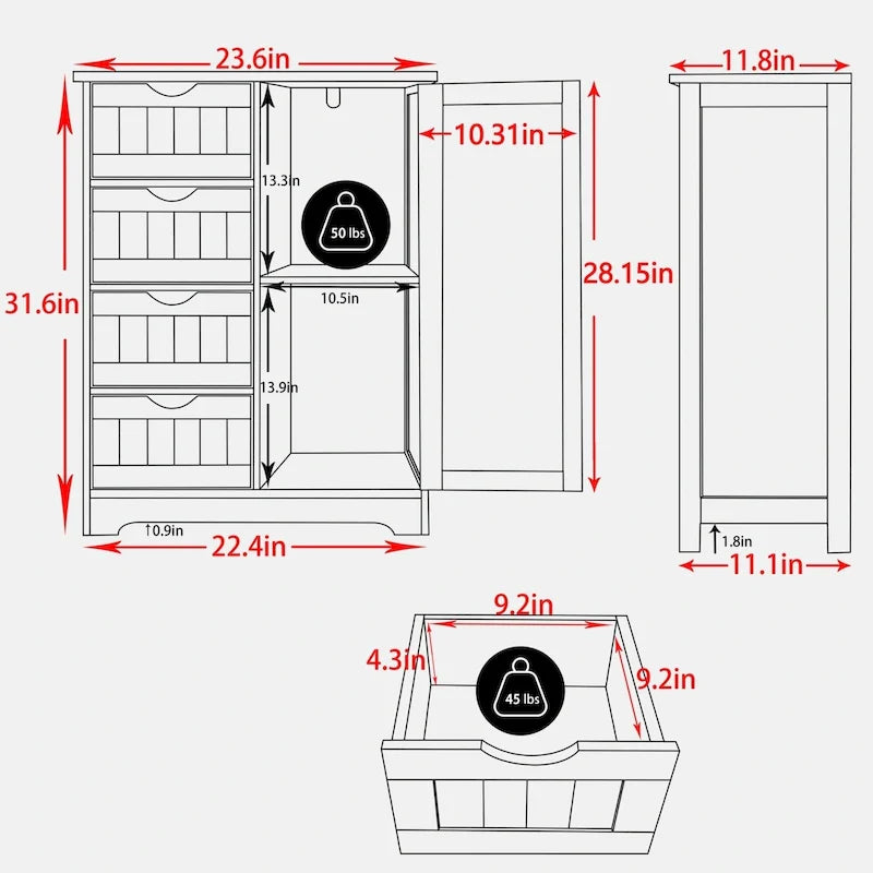 Meuble de rangement sur pied pour salle de bain VEIKOUS avec 4 tiroirs