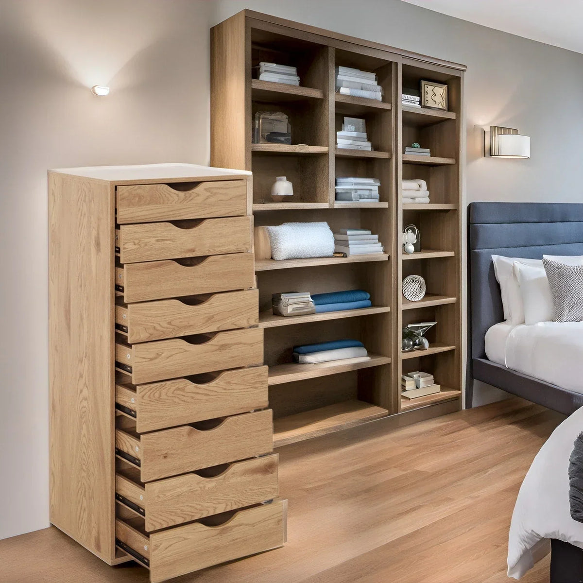 Meuble étroit en bois à 9 tiroirs avec coulisses fluides et étagère de rangement supérieure